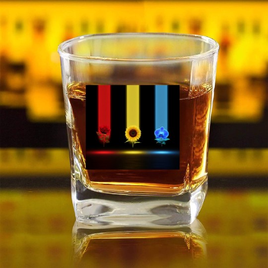 Three Glowing Blooms: Rose, Sunflower, and Orchid Square Whiskey Glasses