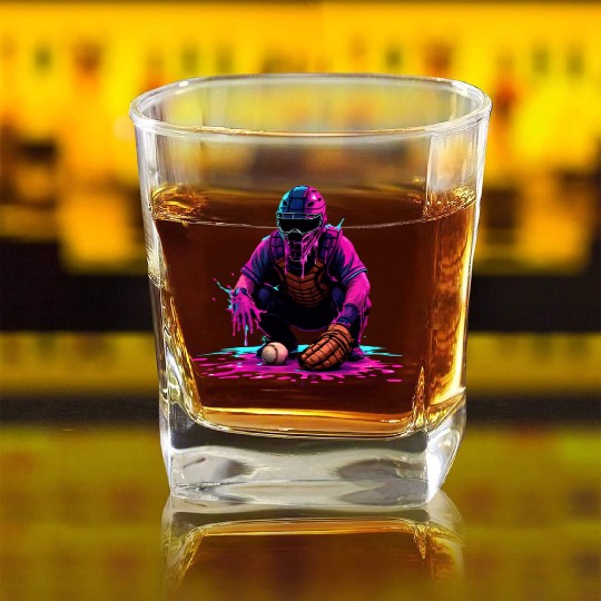 Neon Baseball Catcher Art Cool Vaporwave Sports Square Whiskey Glasses