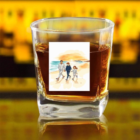 family walking along the beach. Square Whiskey Glasses