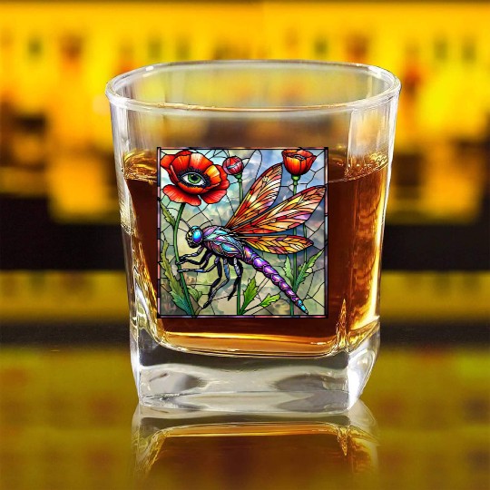 Dragonfly stained glass poppy flower insect eye Square Whiskey Glasses