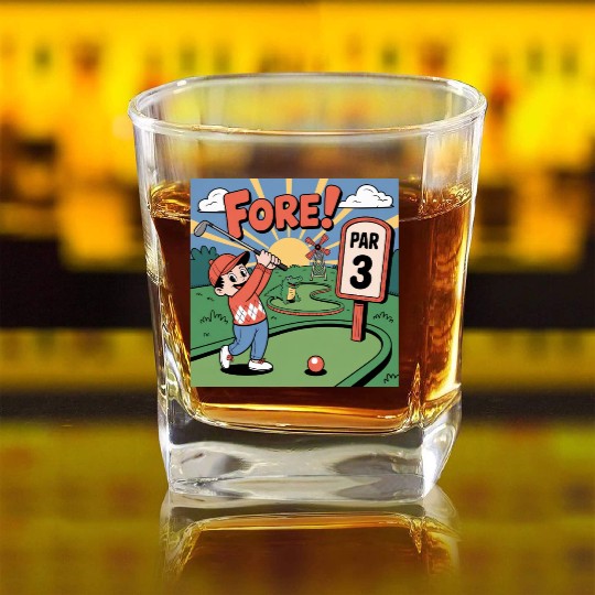 Mini Golf Retro Cartoon on Champion Unisex Square Whiskey Glasses