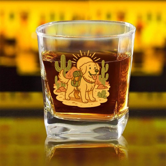 Golden Retriever Desert Hike Square Whiskey Glasses