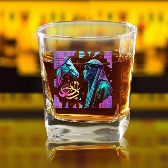 Neon Arabian Horse & Bedouin – Futuristic Eastern Square Whiskey Glasses