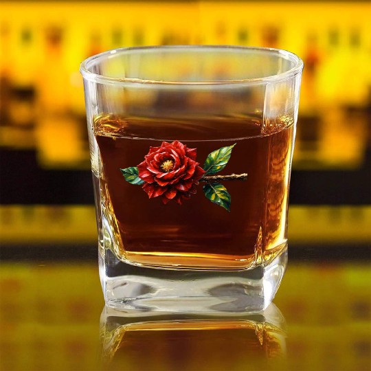 Crimson Rose Bloom – Botanical Clipart Square Whiskey Glasses