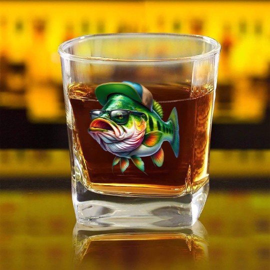Cool Bass Fish with Green Hat and Glasses Square Whiskey Glasses