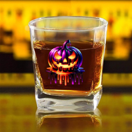 Neon Dripping Pumpkin Halloween Design Square Whiskey Glasses