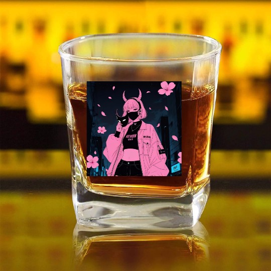 Neon Sakura Night Streetwear Design Square Whiskey Glasses