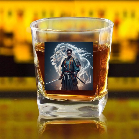 African Samurai With Spirit Lion Square Whiskey Glasses