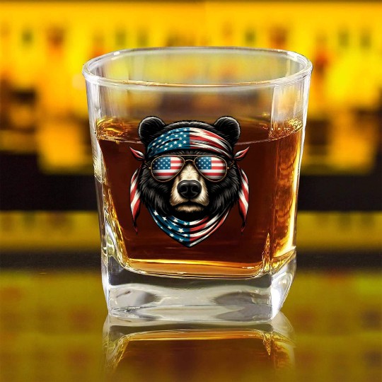 Patriotic Bear with Americana Accessories Square Whiskey Glasses
