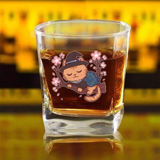 Kawaii Wizard Cat Sleeping on Sakura Tree – Magic  Square Whiskey Glasses