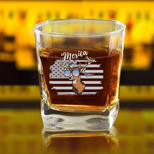 'Merica Deer with mullet American Flag Sunglasses Square Whiskey Glasses