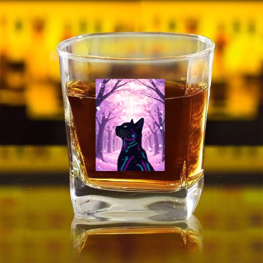 Midnight Cyber Cat | Pink Cherry Blossom Forest Square Whiskey Glasses