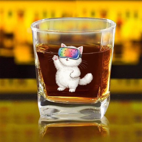 Whimsical Cat with VR Mask Square Whiskey Glasses