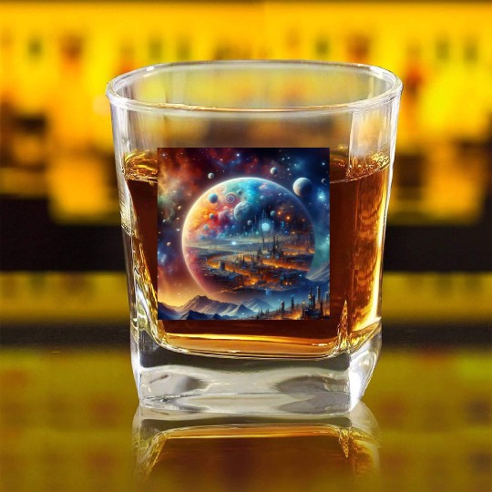 Futuristic Sci-FI Fantasy with Alien Planet Square Whiskey Glasses