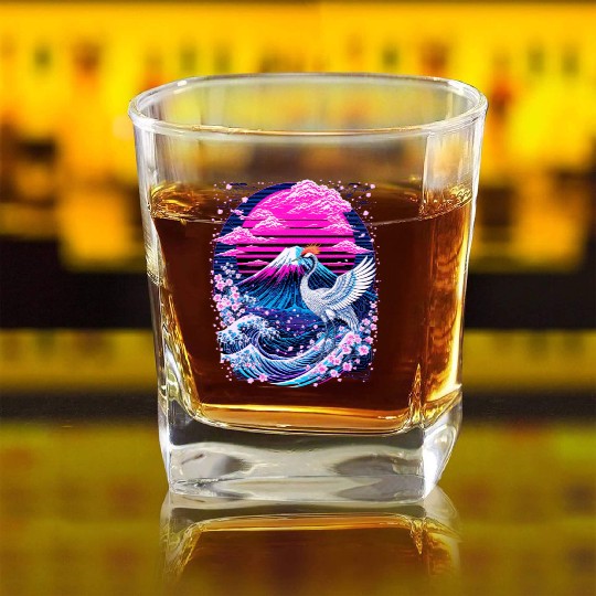 Neon Sakura Crane & Mount Fuji Scene Square Whiskey Glasses