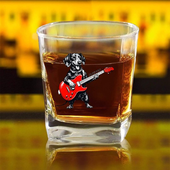 Dachshund Playing Guitar Funny Rock and Roll Dog Square Whiskey Glasses