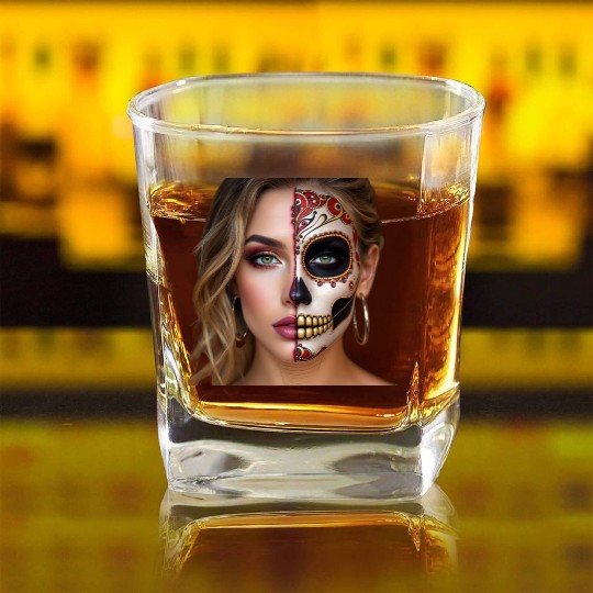 Intricate Sugar Skull Face Art Square Whiskey Glasses