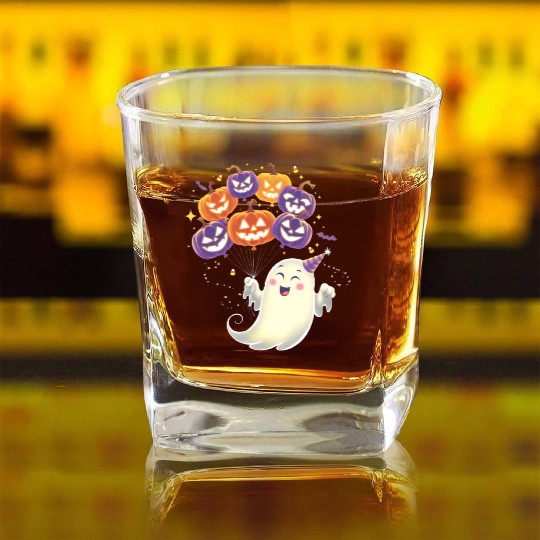 Halloween Ghost with Jack-o'-Lantern Balloons Square Whiskey Glasses