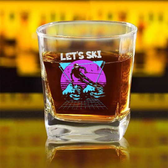 Retro Snow Skiing Illustration Square Whiskey Glasses