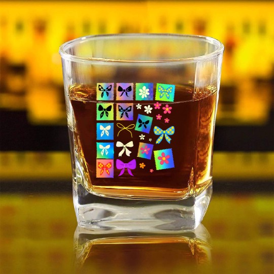 Pastel Aesthetic Stam Y2K Cute Girly Coquette Bow Square Whiskey Glasses