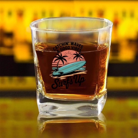 Sunset Surfing Beach Scene Square Whiskey Glasses