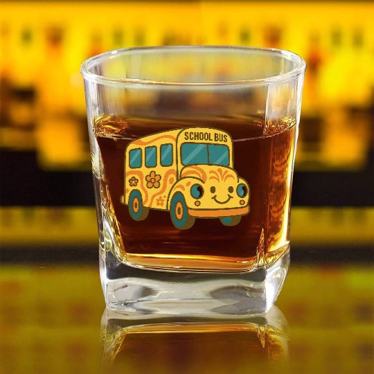 Cute Yellow School Bus Back to School Fun Square Whiskey Glasses