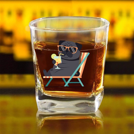 Chill Pug with Sunglasses and Lemonade Square Whiskey Glasses