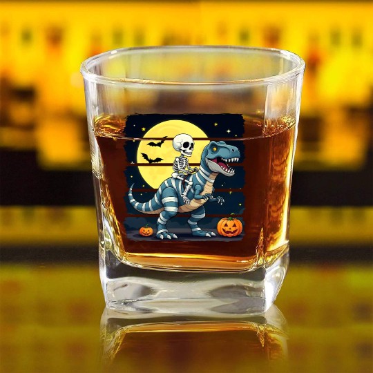 Skeleton Riding Mummy Dinosaur Funny Halloween Square Whiskey Glasses