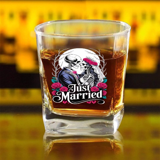 Gothic Just Married Skeletons Bride and Groom Square Whiskey Glasses