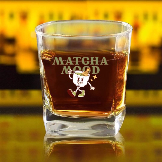 Matcha Mood Tea Cartoon Design  Square Whiskey Glasses