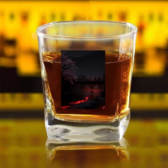 Nighttime Bridge and Cherry Blossom Scene Square Whiskey Glasses