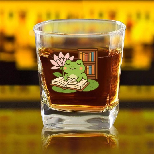 Serene Frog Reading Book Under Lotus Square Whiskey Glasses
