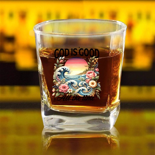 Elegant Wave and Floral Sunset Scene - GOD IS GOOD Square Whiskey Glasses