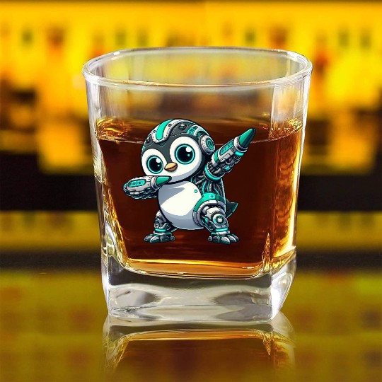 Futuristic penguin robot cyborg technology AI Square Whiskey Glasses