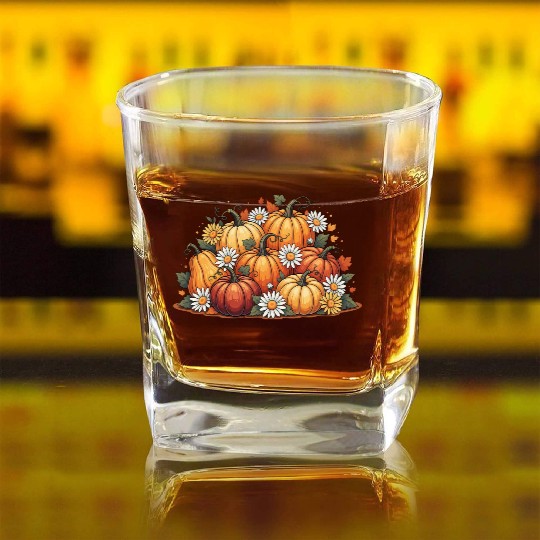 Autumn Pumpkin and Daisy Ensemble Square Whiskey Glasses