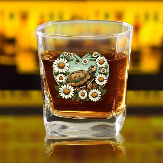 Turtle surrounded by Daisy Heart Design Square Whiskey Glasses