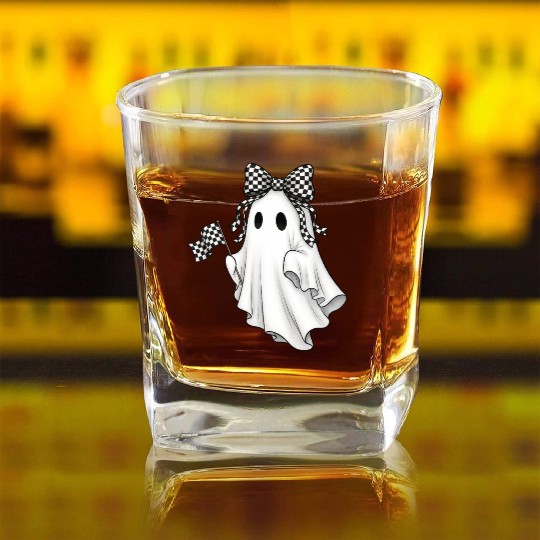 Ghost Boo Checkered Bow Race Day Racing Flag Racer Square Whiskey Glasses