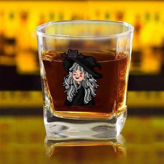 Whimsical Witch with Bat Familiar Square Whiskey Glasses