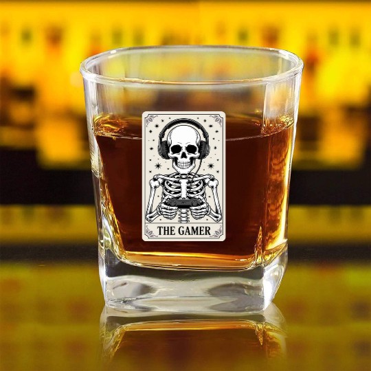 Tarot Card Skeleton Video Game Halloween Gamer Square Whiskey Glasses