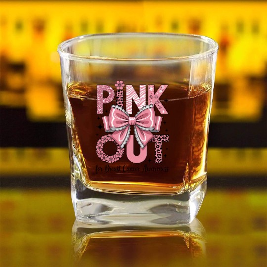 Pink Out Breast Cancer Awareness Coquette Bow  Square Whiskey Glasses