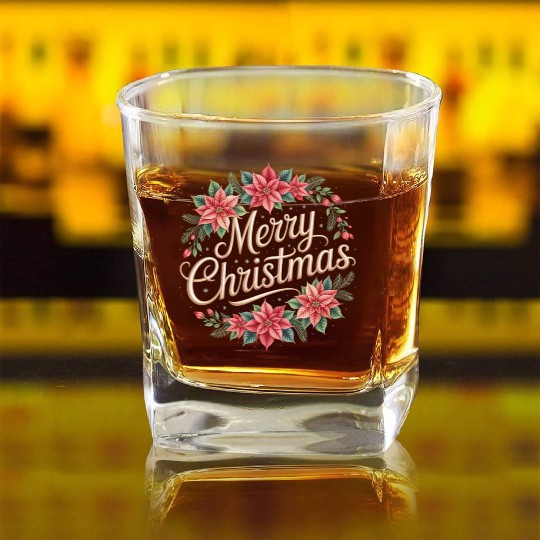 Elegant Poinsettia Wreath Merry Christmas Script Square Whiskey Glasses