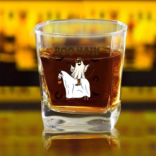 Boo Haw Halloween Ghost Cowboy Western Square Whiskey Glasses