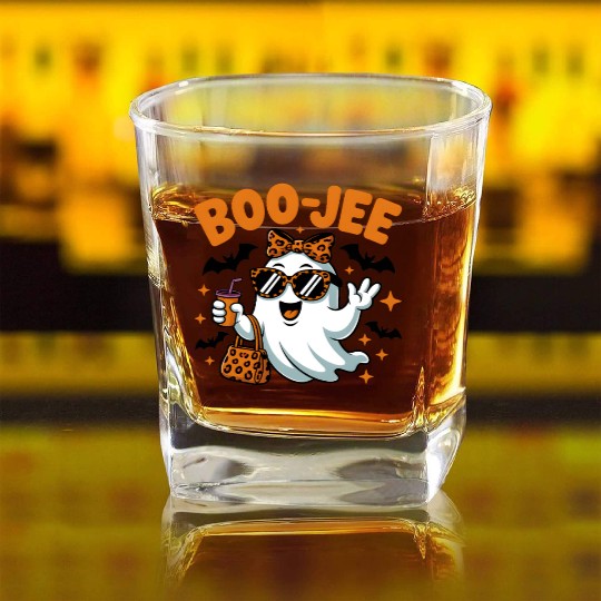 Boo-Jee Ghost Cute Leopard Print Halloween Boojee Square Whiskey Glasses