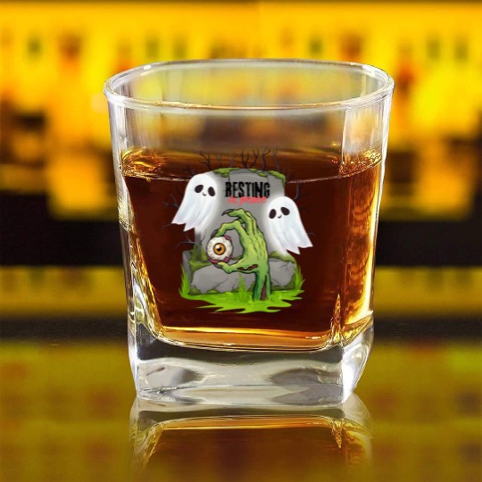 Spooky Graveyard with Ghosts and Eye Square Whiskey Glasses