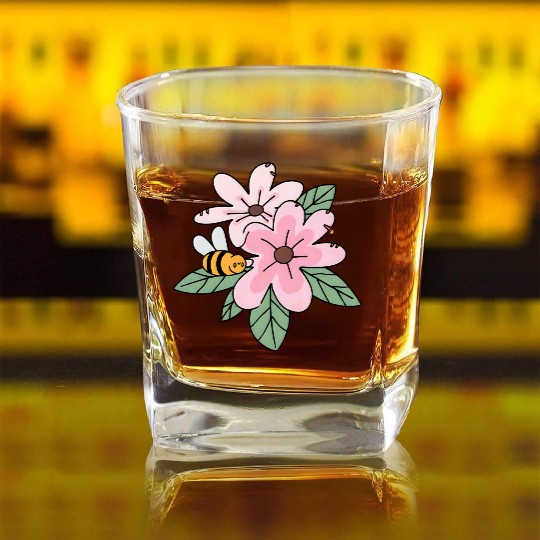 Charming Blossom and Bee Illustration Square Whiskey Glasses