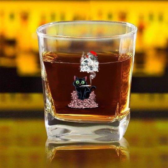 Black Cat Smoking Cigarette Catzilla Square Whiskey Glasses