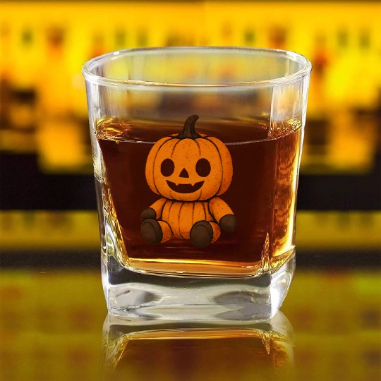 Pumpkin Plush Toy with Jack-o'-Lantern Face Square Whiskey Glasses