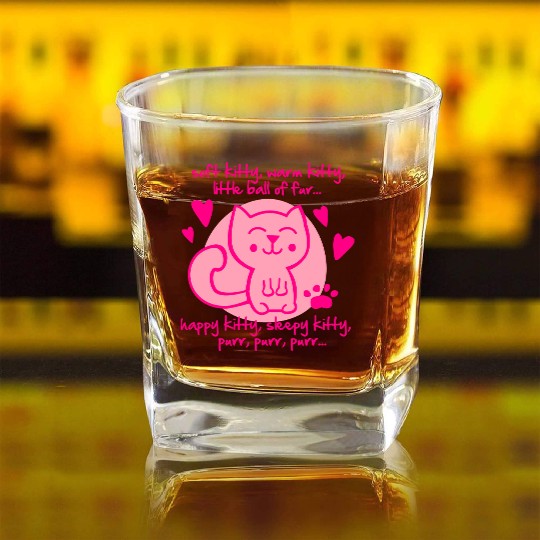 soft kitty, warm kitty, little ball of fur... Square Whiskey Glasses