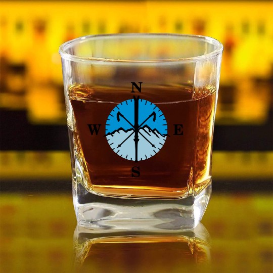 Skiing, skis, mountains and compass with degrees Square Whiskey Glasses