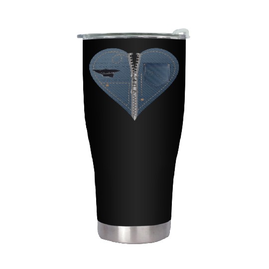 light blue heart in jeans look with zipper Stainless Steel Tumblers